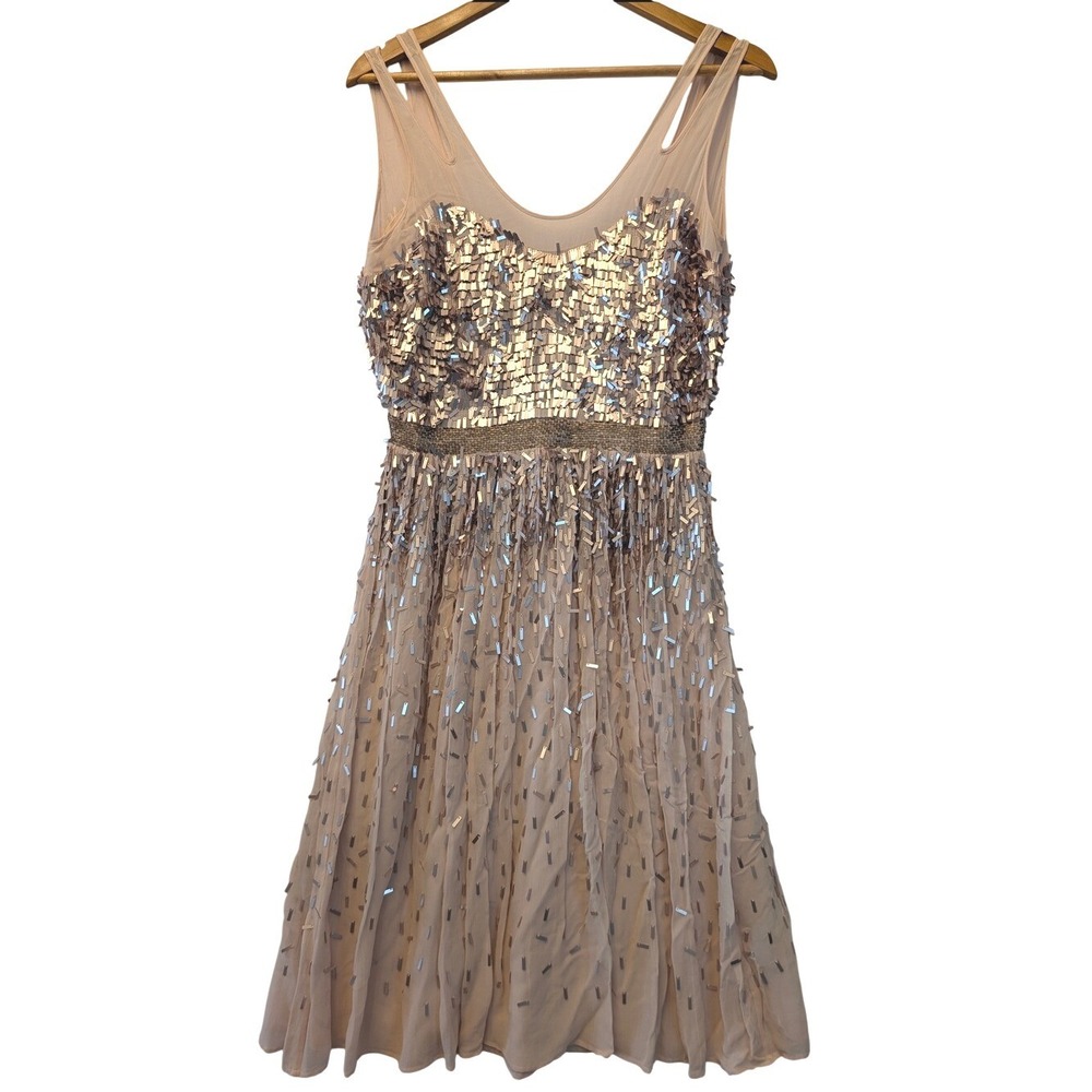 French Connection Blush Pink Sequin Fringe V-Neck Cocktail Dress 71ARH US 4